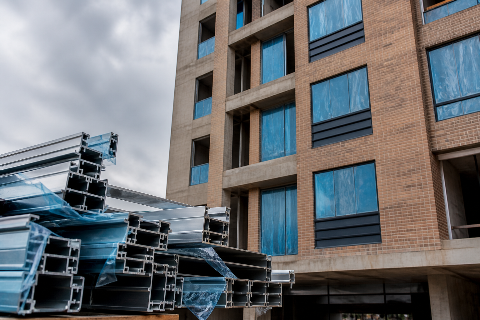 Edificio residencial en obra con protección PDS aplicada en fachada